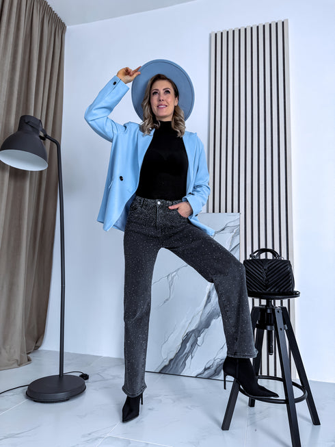 Oversize švarkas su juodomis rankovių sagomis - SOFT BLUE